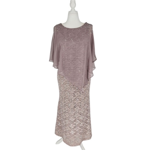 Ignite Evenings Mauve Lace Sequin Capelet Gown Dress 12P Formal Mother Bride - Picture 2 of 13